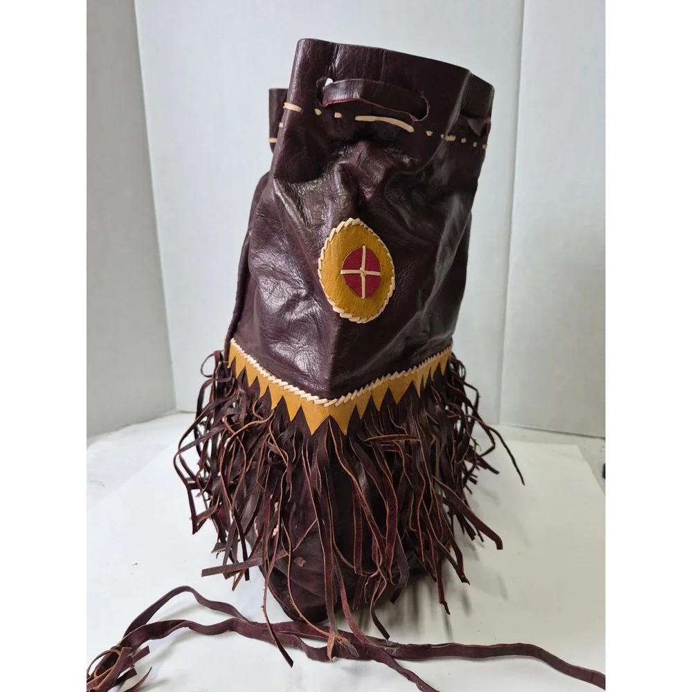Vintage Handmade Leather Fringe Medicine Bag Drawstring Pouch Burgundy Boho